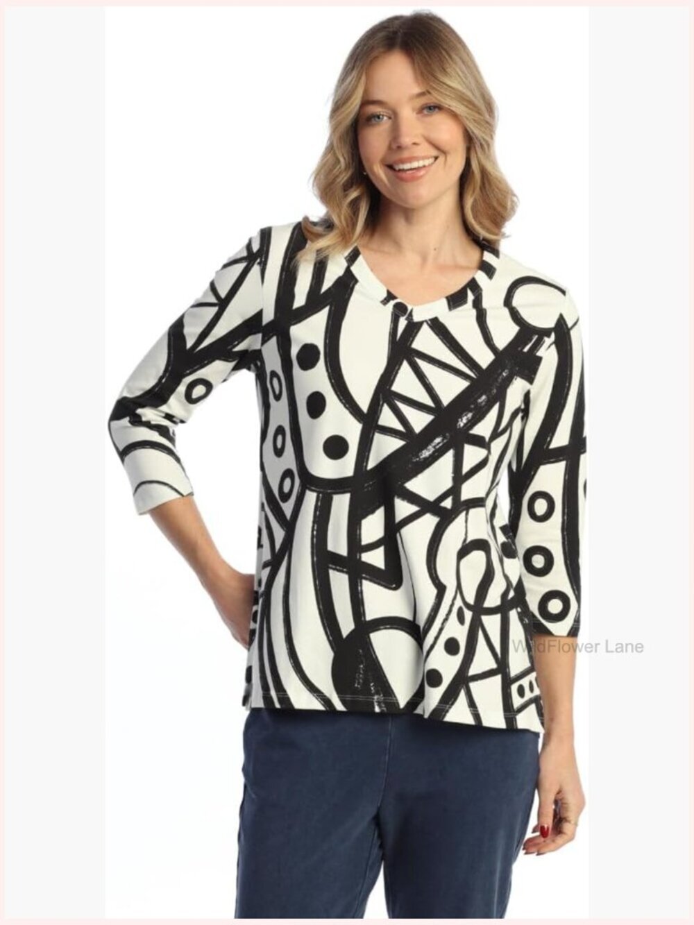 Cotton Spandex V-Neck Top with 3/4 Sleeves